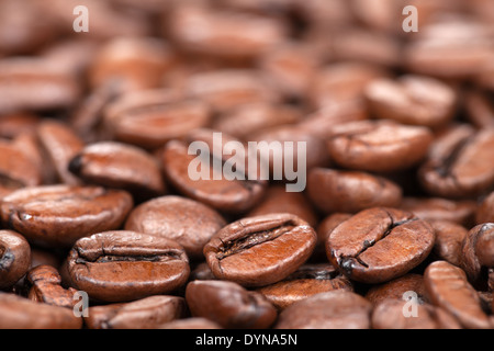 Macro shot di chicchi di caffè con profondità di campo e abbondanza di spazio di copia Foto Stock