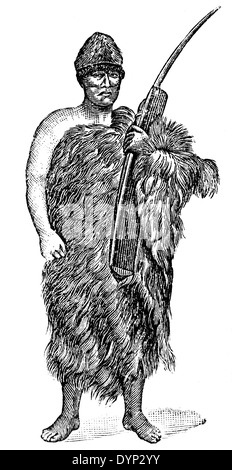 Uomo Selknam (Sud America) in abito tradizionale, illustrazione da enciclopedia sovietica, 1926 Foto Stock