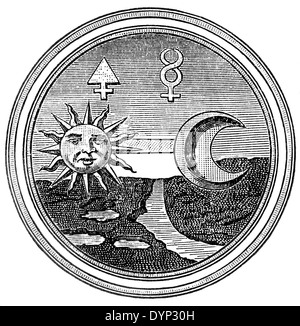 Alchimia simboli di zolfo e mercurio, illustrazione da enciclopedia sovietica, 1926 Foto Stock