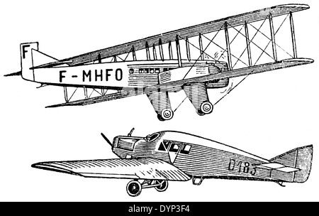 Golia biplanare e Junkers, Vintage aereo passeggeri, illustrazione da enciclopedia sovietica, 1926 Foto Stock