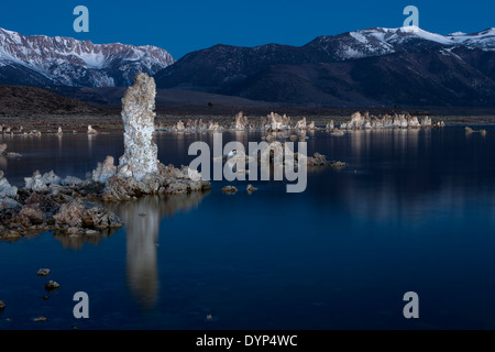 Torri di tufo lungo lago Mono's south shore bagliore nel pre-luce di alba Foto Stock