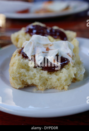 Focaccine imburrato con confettura di fragole e clotted cream al Kirstenbosch Tea Room Restaurant. Foto Stock