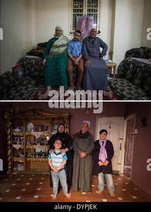 (140424) -- Il Cairo, 24 aprile 2014 (Xinhua) -- combinati foto scattata il 31 marzo 2014 (in alto) e 8 aprile 2014 (fondo) mostra Abdel Majid Yamama e le sue due mogli e figli in corrispondenza dei suoi due case in Giza, Cairo, Egitto. La famiglia Yamama da Giza ha vissuto sul Fiume Nilo per quasi un secolo. Attualmente Abdel Majid e suo fratello Abed Rabbo eseguire la barca a vela business per i turisti a un dock nel quartiere di Maadi del Cairo. Il Yamama fratelli e i piccoli battellieri noleggio essi hanno visto un drammatico calo di affari come risultato della depressione nel turismo dal 2011, quando la rivoluzione è iniziata in tutto il co Foto Stock