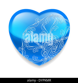 Blu lucido cuore ornato di elemento decorativo su sfondo bianco Foto Stock