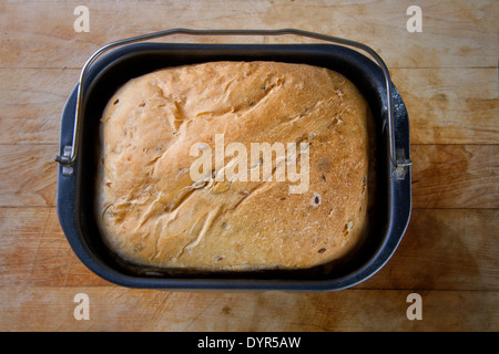 Focaccia appena cotta in un secchio da una macchina del pane su una tavola di legno Foto Stock