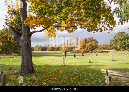 Gli amanti del golf giocare in un bellissimo paesaggio autunnale presso un campo da golf a Wimbledon, London, Regno Unito Foto Stock