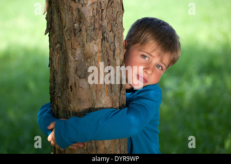 Immagine simbolica: Little Boy abbracciando un albero Foto Stock