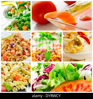 Un collage di diverse insalate, come l'insalata di pasta o insalata di lenticchie e uova mimosa e gazpacho Foto Stock