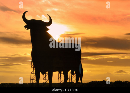 Bull cartello stradale che domina le strade spagnole come un simbolo non ufficiale, appena fuori Barcellona, Spagna Foto Stock