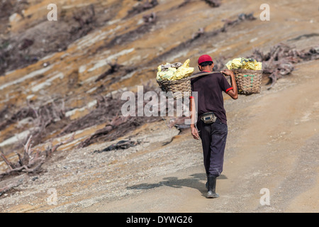 Uomo che porta cestelli laden con blocchi di zolfo, rim del Kawah Ijen, Banyuwangi Regency, East Java, Indonesia Foto Stock