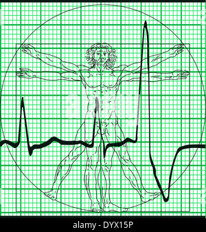 Leonardo da Vinci Uomo Vitruviano schizzo e elettrocardiogramma ECG stampare Foto Stock