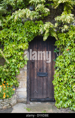 Vecchio di legno porta al periodo cottage in pietra circondato da verdi superriduttore Foto Stock