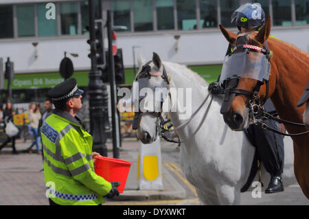 Brighton, East Sussex, UK..27 aprile 2014..Il centro di Brighton è stato fermato questo pomeriggio, mentre la polizia ha tenuto le fazioni rivali a parte. Circa 150 marcher sono stati sopraffati dalla polizia e quelli contrari alla marcia. Foto Stock