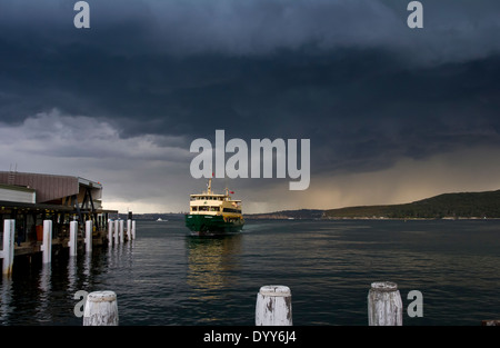 Traghetto arrivando a Manly Wharf terminale in acqua calma con un drammatico cielo tempestoso Foto Stock