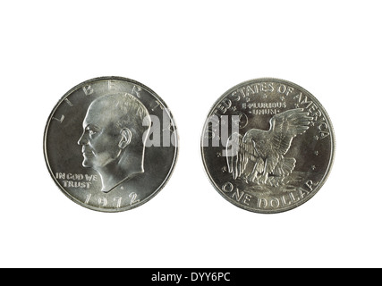 Primo piano di Eisenhower dollari d'argento, complementare e invertire i lati, isolato su bianco Foto Stock