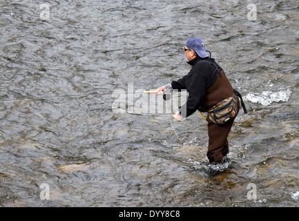 Uomo di Pesca a Mosca Report di Pesca alla trota. Foto Stock
