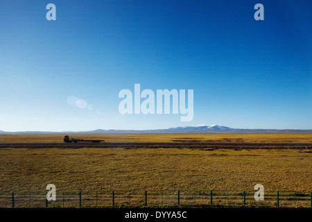 Una verde pianura con un rimorchio e Snow capped mountain in background in altopiano Tibetano Foto Stock