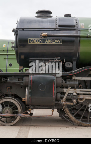 Estremità anteriore e la targhetta del treno a vapore freccia verde nella locomozione il National Railway Museum a Shildon Co. Durham, England, Regno Unito Foto Stock