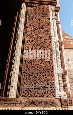 New Delhi, India. Floral Stonecarving sull'Alai Darwaza (Alai gate), parte del Qutb Minar complesso. Foto Stock