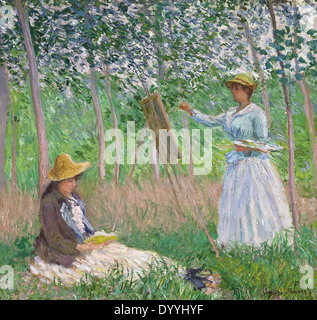 Claude Monet nei boschi a Giverny - Blanche Hoschedé al suo cavalletto con Suzanne Hoschedé lettura Foto Stock