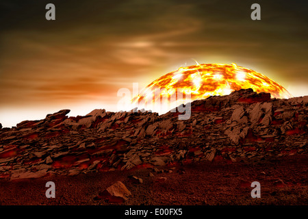 Un artista della rappresentazione di un mondo alieno in stretta prossimità con la stella che ruota intorno a. Foto Stock