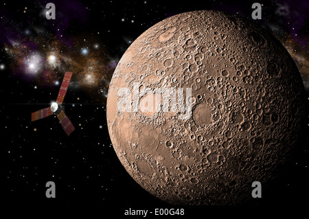 Un artista della raffigurazione di una sonda studiando un pesantemente cratered luna nello spazio profondo. Foto Stock