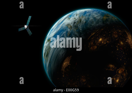 Un artista della raffigurazione di un satellite in orbita intorno a una massa simile a un mondo abitato. Alcuni componenti di Immagine cortesia della NASA. Foto Stock