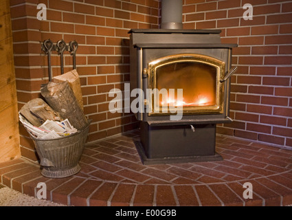 Dettaglio di una stufa a legna nel salotto di una casa in legno. Foto Stock