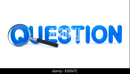 Domanda - blu 3D parola attraverso una lente di ingrandimento su sfondo bianco. Foto Stock