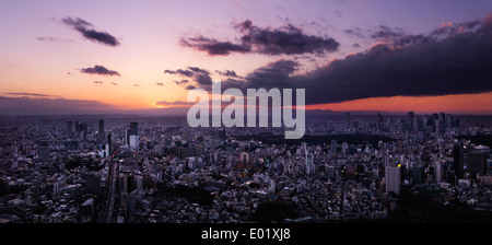 Licenza disponibile alle MaximImages.com:00 - splendido e suggestivo scenario panoramico al tramonto del paesaggio della città di Tokyo illuminato dalla luce rossa del sole, vista aerea. Shibuya Foto Stock