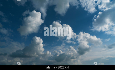Puffy bianco cumulo nuvole galleggianti in un bel cielo blu pomeriggio in primavera aprile Galles Regno Unito Gran Bretagna KATHY DEWITT Foto Stock