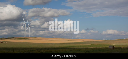 Vista panoramica di una grande pianura il paesaggio con le turbine eoliche in Pierce County, il Dakota del Nord Foto Stock