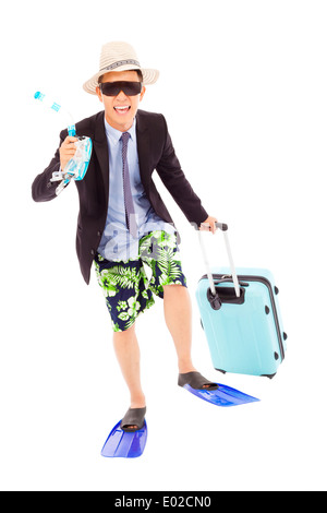 Funny imprenditore tenendo scuba rotismo e bagaglio Foto Stock