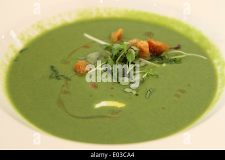 Un moderno pasto estone di verde zuppa di piselli spruzzata con olio e cosparso con crostini e insalata. Foto Stock