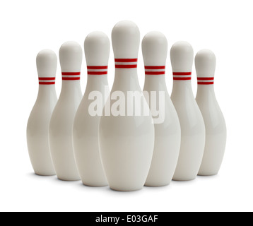 Gruppo di Bowling pin isolato su sfondo bianco. Foto Stock