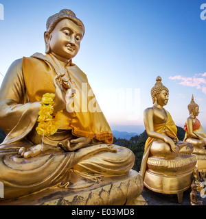 Golden Statue di Buddha sulla cima della montagna in Tiger tempio di Krabi, in Thailandia Foto Stock