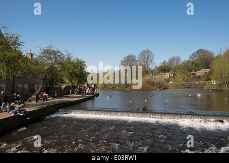 Piccolo weir sul fiume Wye a Bakewell Peak District Derbyshire Inghilterra Foto Stock