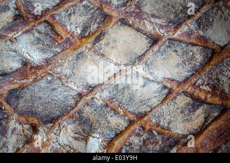 Dettagli della crosta di un casale focaccia (Francia). Détail de la croûte d'onu pain de campagne (Francia). Foto Stock