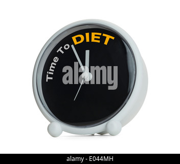 Orologio con tempo di dieta su di esso. Isolato su sfondo bianco. Foto Stock