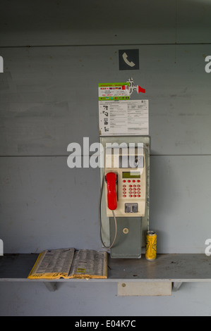 Un telefono a pagamento cassetta in un telefoni. Telefonare ace in precedenza con il denaro e monete, Ein Muenzfernsprecher in einer Telefonzelle. Telefoni Foto Stock