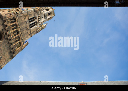 Belfort-Hallen torre campanaria dalla Markt, Bruges, Belgio Foto Stock