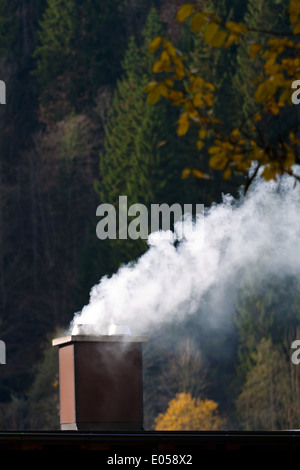 Il fumo del camino di una casa di abitazione. I gas di scarico e la protezione dell'ambiente, Rauchende Schornstein eines Wohnhauses. Abgase onu Foto Stock