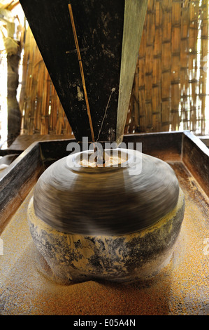 Acqua rotante condotta quern pietra macinazione di mais in un capanno sul Merak e Sakteng trek, Est Bhutan Foto Stock