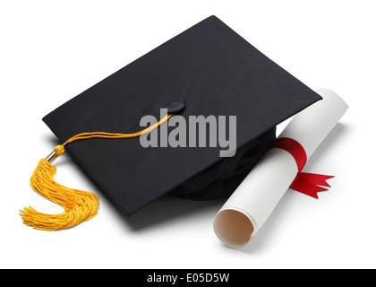 Graduazione nera cappuccio con grado isolato su sfondo bianco. Foto Stock