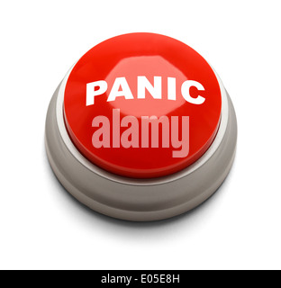 Rosso pulsante rotondo con il panico stampati su di essa isolato su uno sfondo bianco. Foto Stock