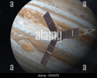 Juno, una sonda spaziale della NASA, lanciata nel 2011, sta studiando l'atmosfera e il campo magnetico di Giove. Fa parte degli sforzi in corso della NASA per esplorare il sistema solare e migliorare la comprensione della scienza planetaria. Foto Stock