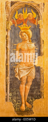 BOLOGNA, Italia - 16 Marzo 2014: affresco di st. Sebastian nella chiesa di San Giovanni in Monte. Foto Stock