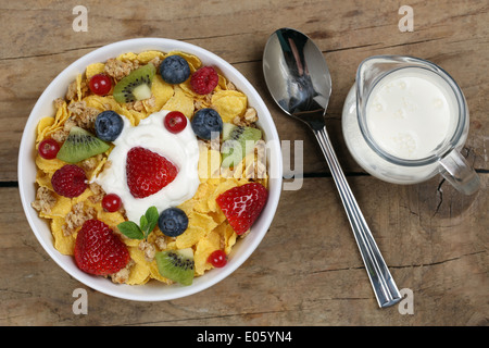 Frutta cereali con lo yogurt e il latte, fragole, lamponi e kiwi e mirtilli dal di sopra Foto Stock