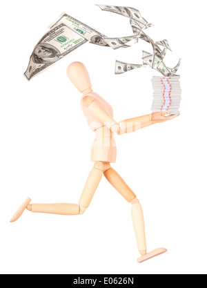 Manichino di legno uomo d affari che mostra molto denaro isolato Foto Stock