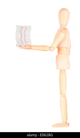 Manichino di legno uomo d affari che mostra molto denaro isolato Foto Stock